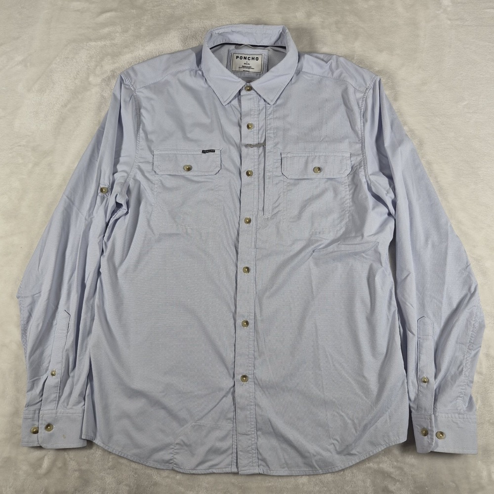 Poncho Long Sleeve Button Down Shirt Men's Large Blue Check Slim Fit Comfort